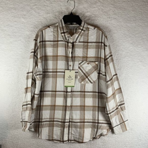 Alpine Design Shirt Women's Medium Beige Plaid Cotton Flannel Button-Up 7005 - Picture 1 of 7